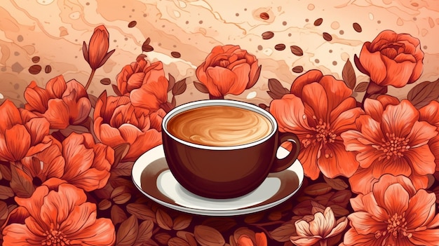 Una taza de café con flores en el fondo.