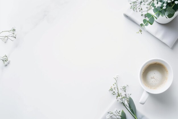 una taza de café con flores en una mesa