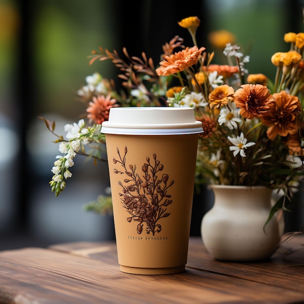 Una taza de café con flores en la mesa.