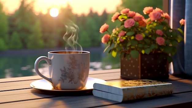 Una taza de café y flores en la mesa.