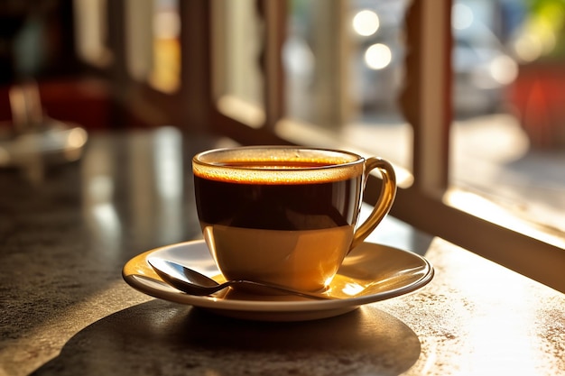 Una taza de café y flores en la mesa.