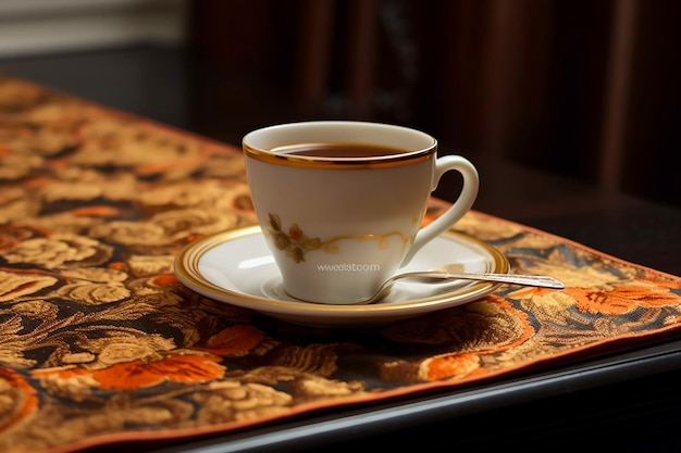 Una taza de café y flores en la mesa.