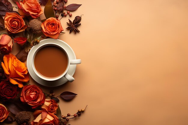 Una taza de café y flores de otoño en un fondo plano marrón