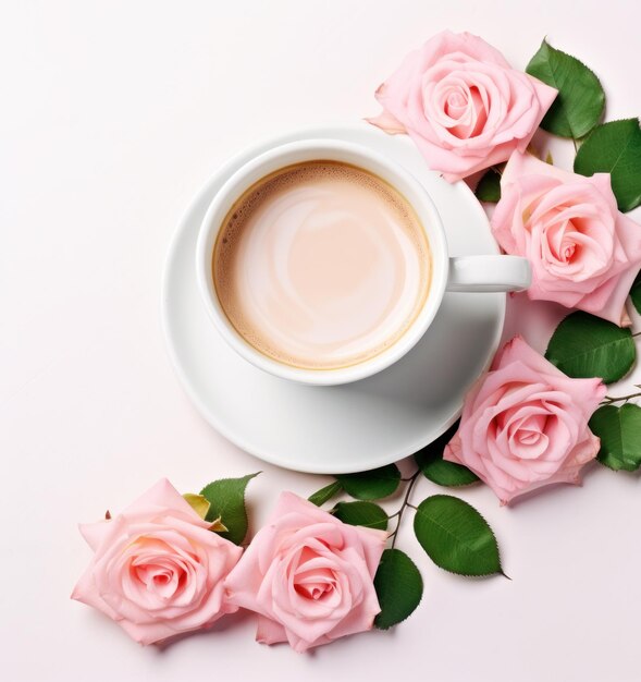 Taza de café con flores de rosas