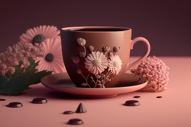 Una taza de café con flores sobre un fondo rosa.