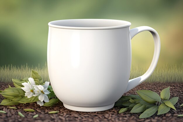 Una taza de café con flores en el suelo.