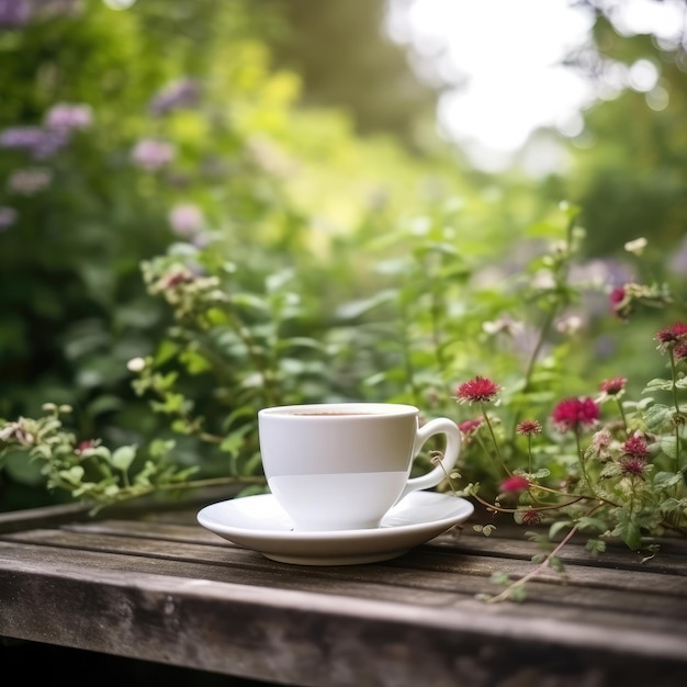 Taza de café con fondo de jardín y flores.