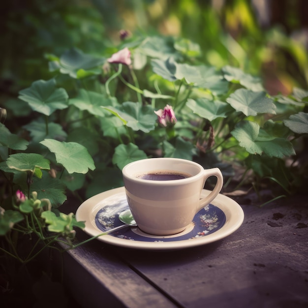 Taza de café con fondo de jardín y flores.