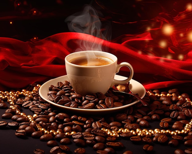 una taza de café con un fondo rojo con las palabras café.