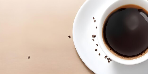 Taza de café con forma de corazón en el fondo beige vista superior