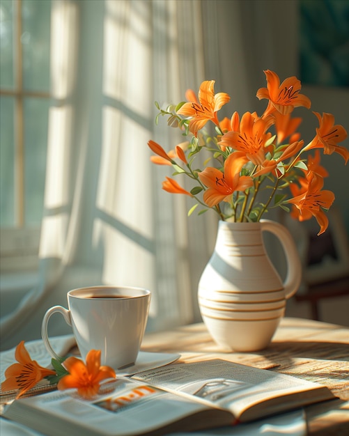 una taza de café y una foto de un jarrón está en una mesa de café
