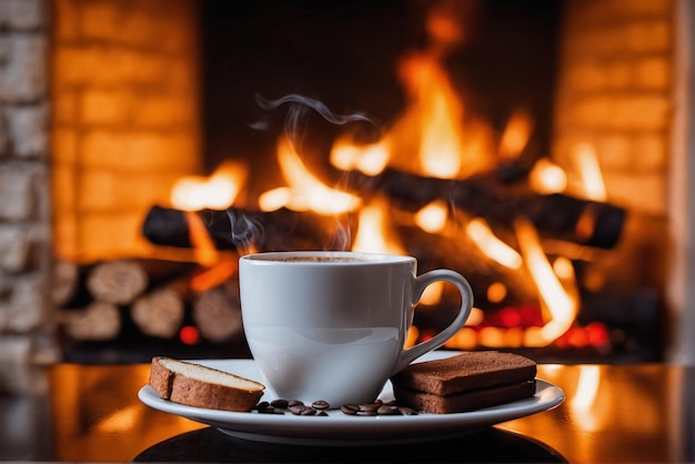 Una taza de café frente a una acogedora chimenea