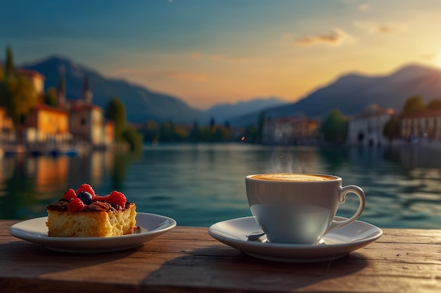 Una taza de café y fresas en el fondo de un lago