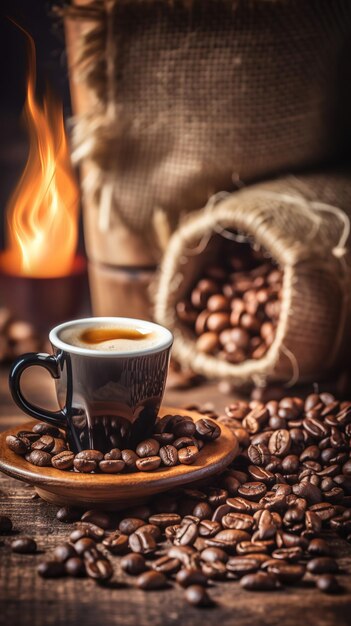 Una taza de café con frijoles de fondo