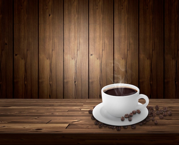 Taza de café y frijoles en una mesa de madera con humo