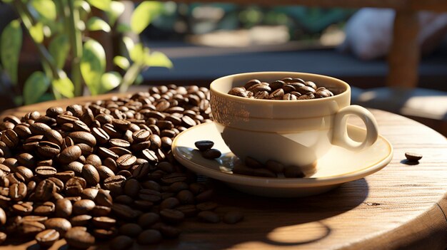 Taza de café y frijoles sobre mesa de madera