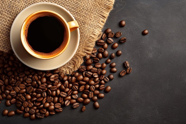 Una taza de café con frijoles sobre una mesa