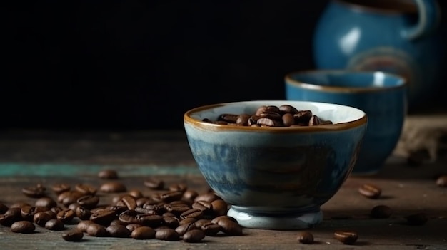 Taza de café y frijoles en la vieja mesa de la cocina