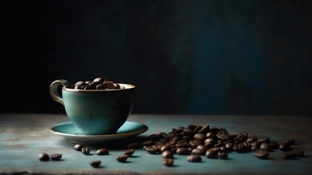 Taza de café y frijoles en la vieja mesa de la cocina