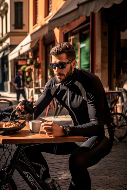 una taza de café fuera de un café con temática ciclista creado con tecnología de IA generativa