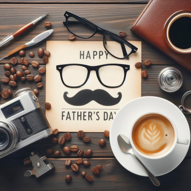 Foto taza de café y gafas masculinas en la mesa de madera vista de la plantilla de la bandera del día del padre ai generativa