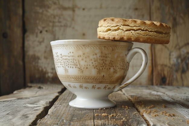 Foto taza de café con una galleta equilibrada en el borde