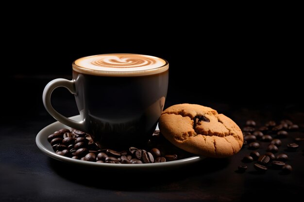 una taza de café y una galleta está rodeada en un fondo negro