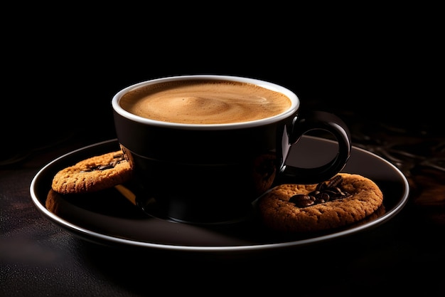 una taza de café y una galleta está rodeada en un fondo negro