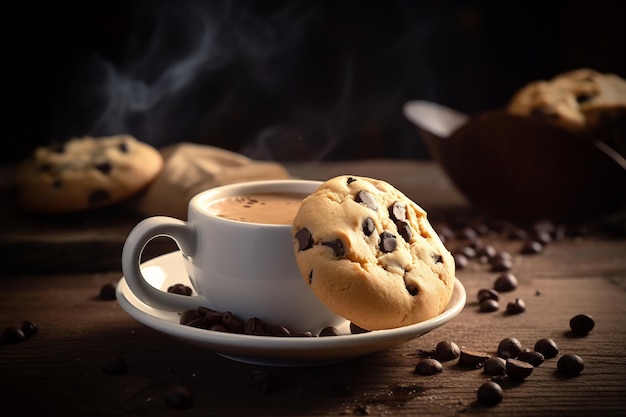 Una taza de café con una galleta y granos de café sobre la mesa