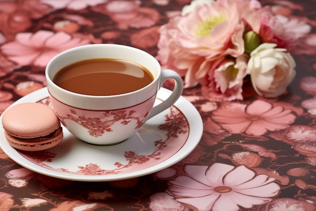 Una taza de café con una galleta en un plato al lado