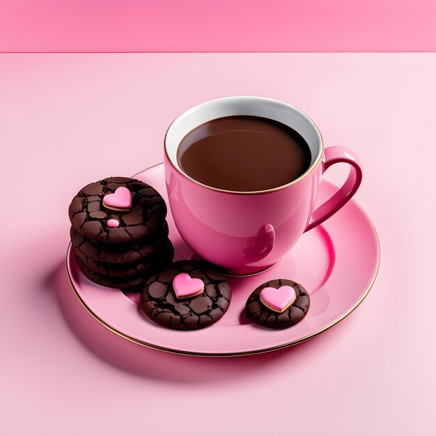 taza de café con galletas de chocolate en forma de corazones sobre fondo rosa