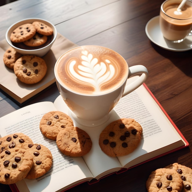 una taza de café con galletas de chocolate en un libro