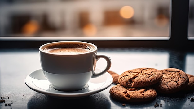 Una taza de café y galletas en un fondo borroso generativo de IA