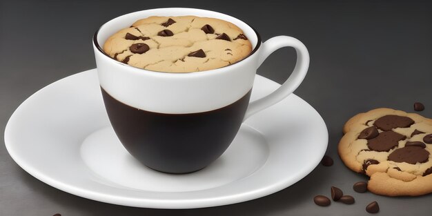 Una taza de café y galletas en un fondo negro de cerca