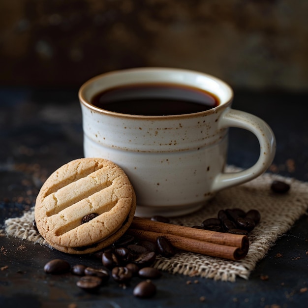 Foto una taza de café con galletas y granos de café en una mesa