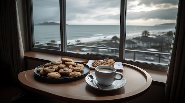 Una taza de café y galletas en una habitación de hotel con impresionantes vistas al mar generadas por IA