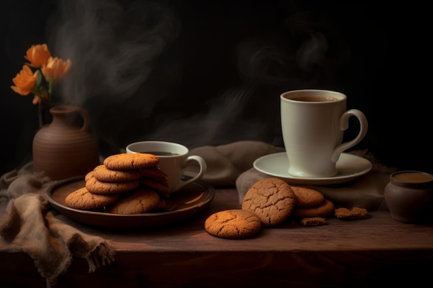 Una taza de café y galletas en una mesa