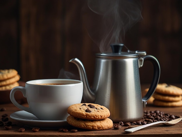 una taza de café y galletas en el plato