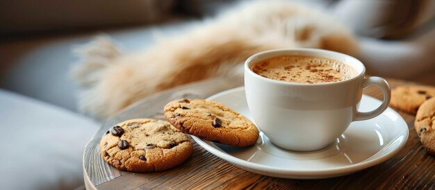 Una taza de café con galletas se sienta en una mesa en una habitación