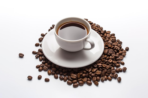 una taza de café con granos de café alrededor de un platillo aislado de fondo blanco