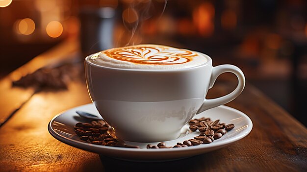 taza de café con granos de café artísticos en una cafetería ai