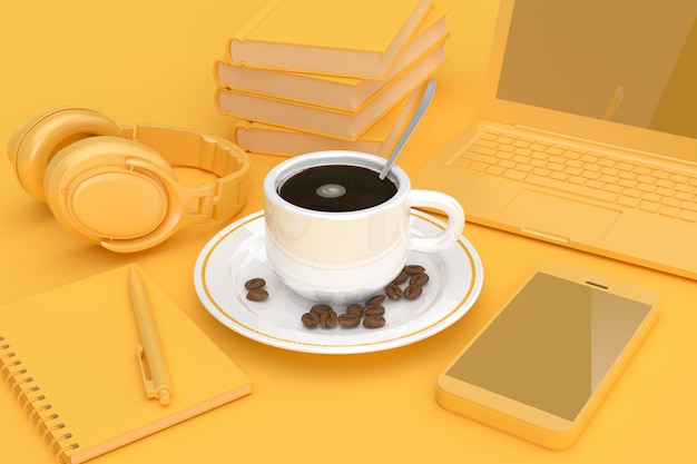 Taza de café con granos de café Begirt por teléfono móvil, libros, laptop, bloc de notas y auriculares en clave amarilla sobre fondo amarillo. Representación 3D