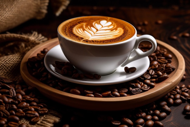 Taza de café con granos de café en bolsa de arpillera y café en polvo en cuchara de madera con café borroso
