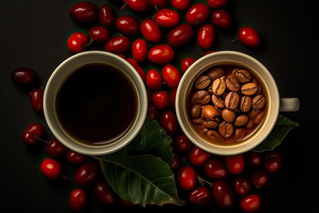 Taza de café con granos de café y cereza sobre fondo negro