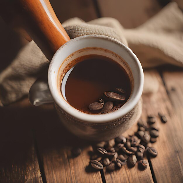 Foto una taza de café con granos de café y una cuchara
