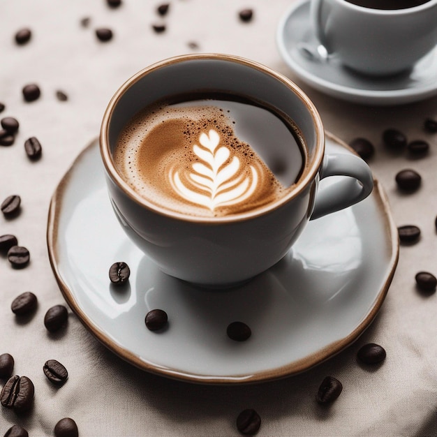 Taza de café con granos de café dispersos en la mesa