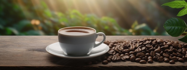 Una taza de café y granos de café se encuentra en una mesa de madera contra un fondo de campos de café creados con tecnología de IA generativa