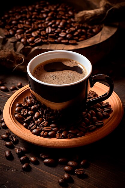 Taza de café y granos de café Enfocamiento selectivo Beber