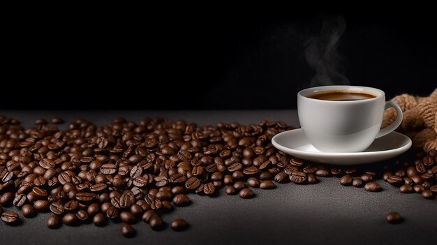 Taza de café y granos de café en un espacio de mesa de madera para el texto