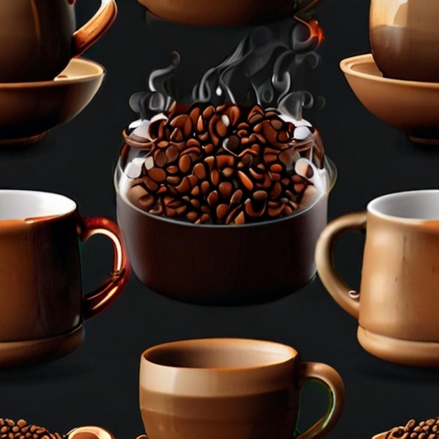 una taza de café con granos de café y grano de café